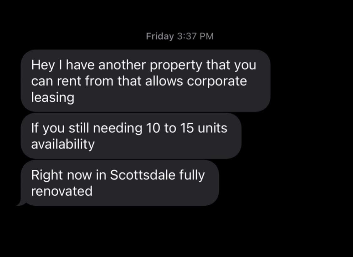 Landlord text message offering corporate-leasing property in Scottsdale